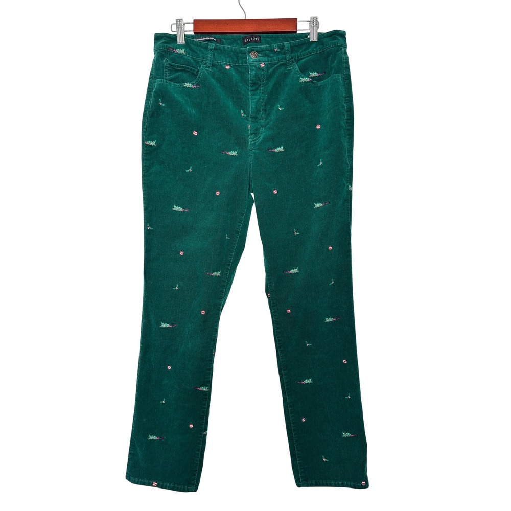 Talbots Corduroy Straight Leg Pant 12 Green Holiday Christmas Embroidered Trees